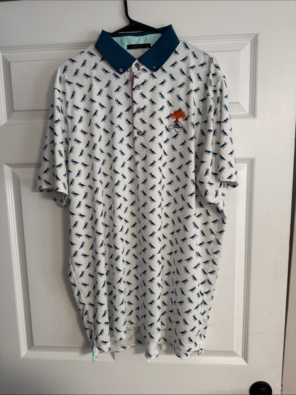Greyson Men's XL White Polo Shirt with Navy Birds Print, Kiawah
